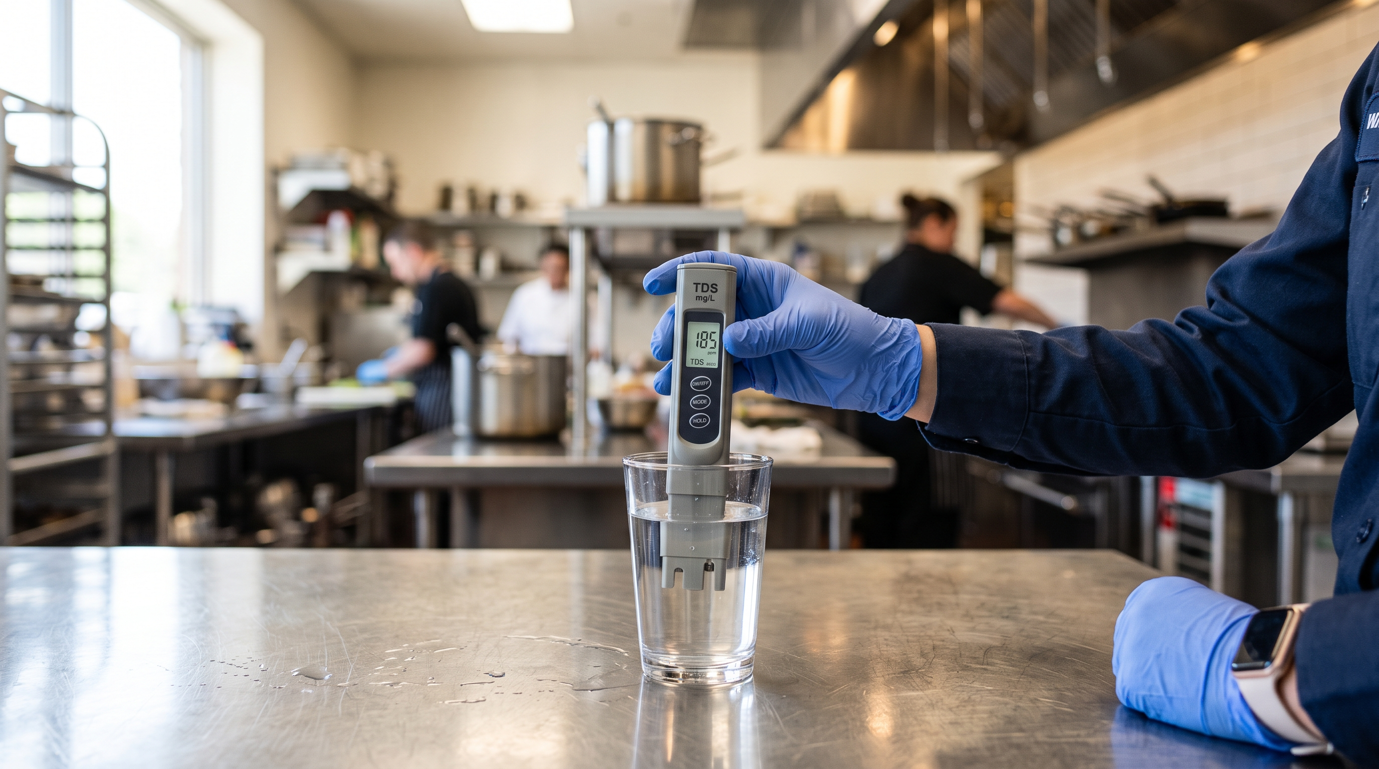 Technician measuring water quality with a handheld TDS meter in a commercial kitchen